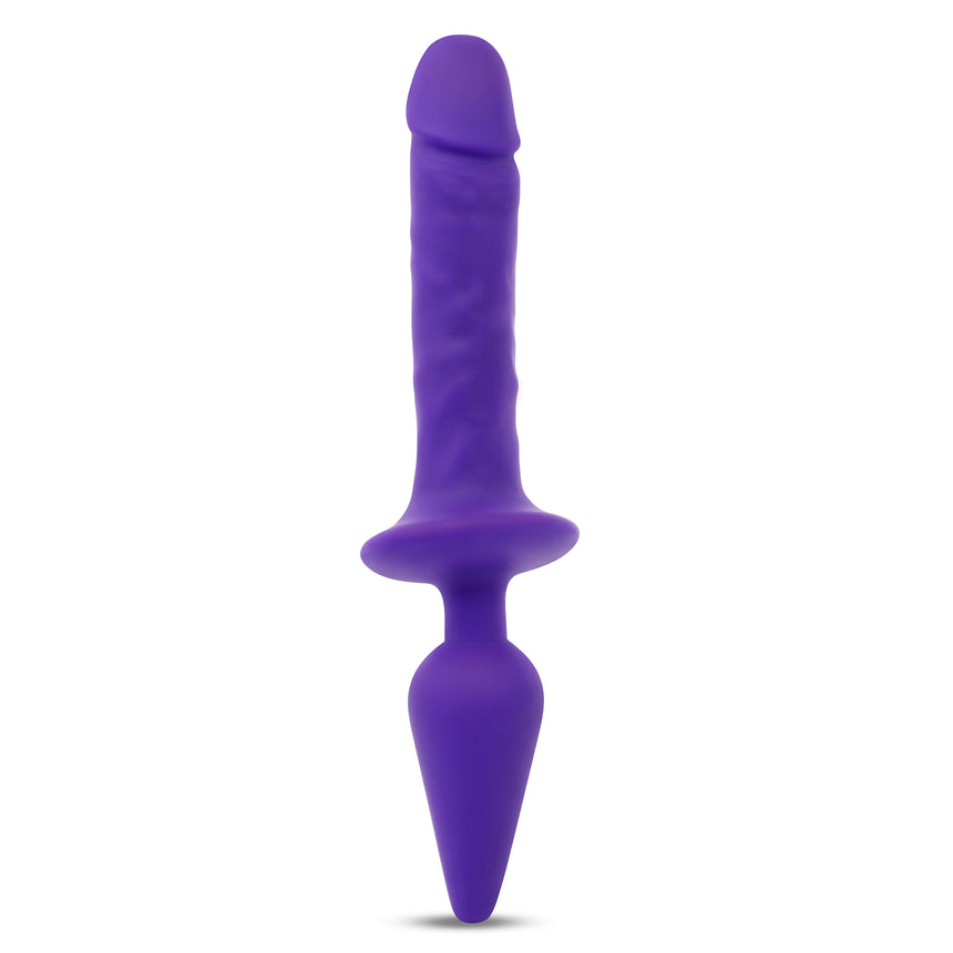 A purple, double-ended couples toy with a realistic dildo on one end and a butt plug on the other, featuring a slim tapered tip.