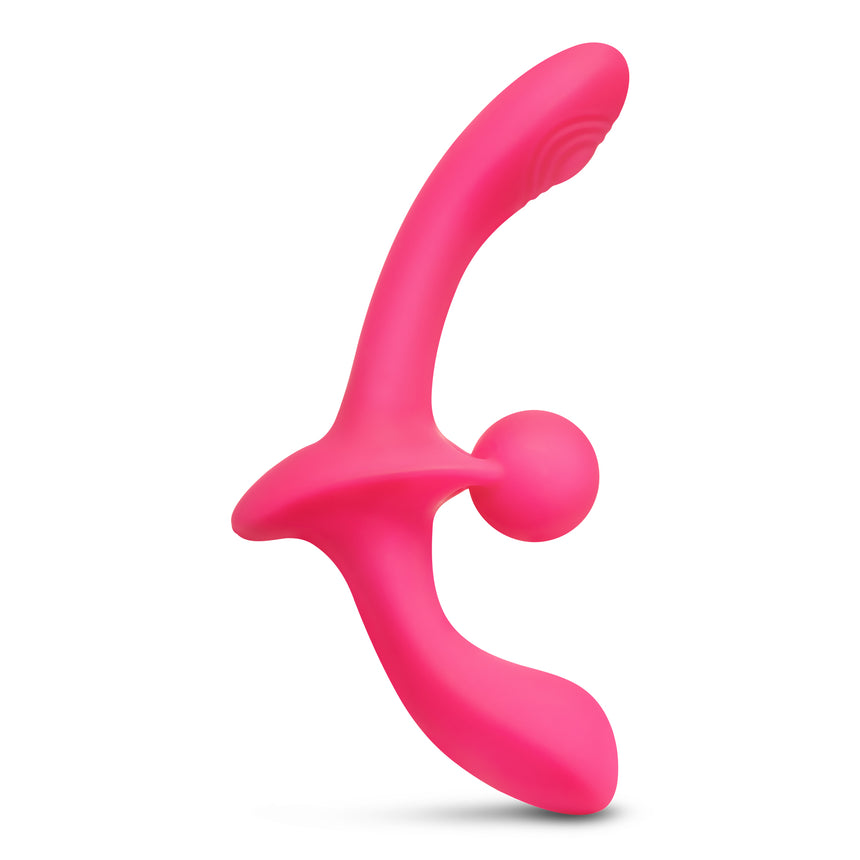 Pink curved Double-Ended Vibrating Strapless Strap-On on a white background