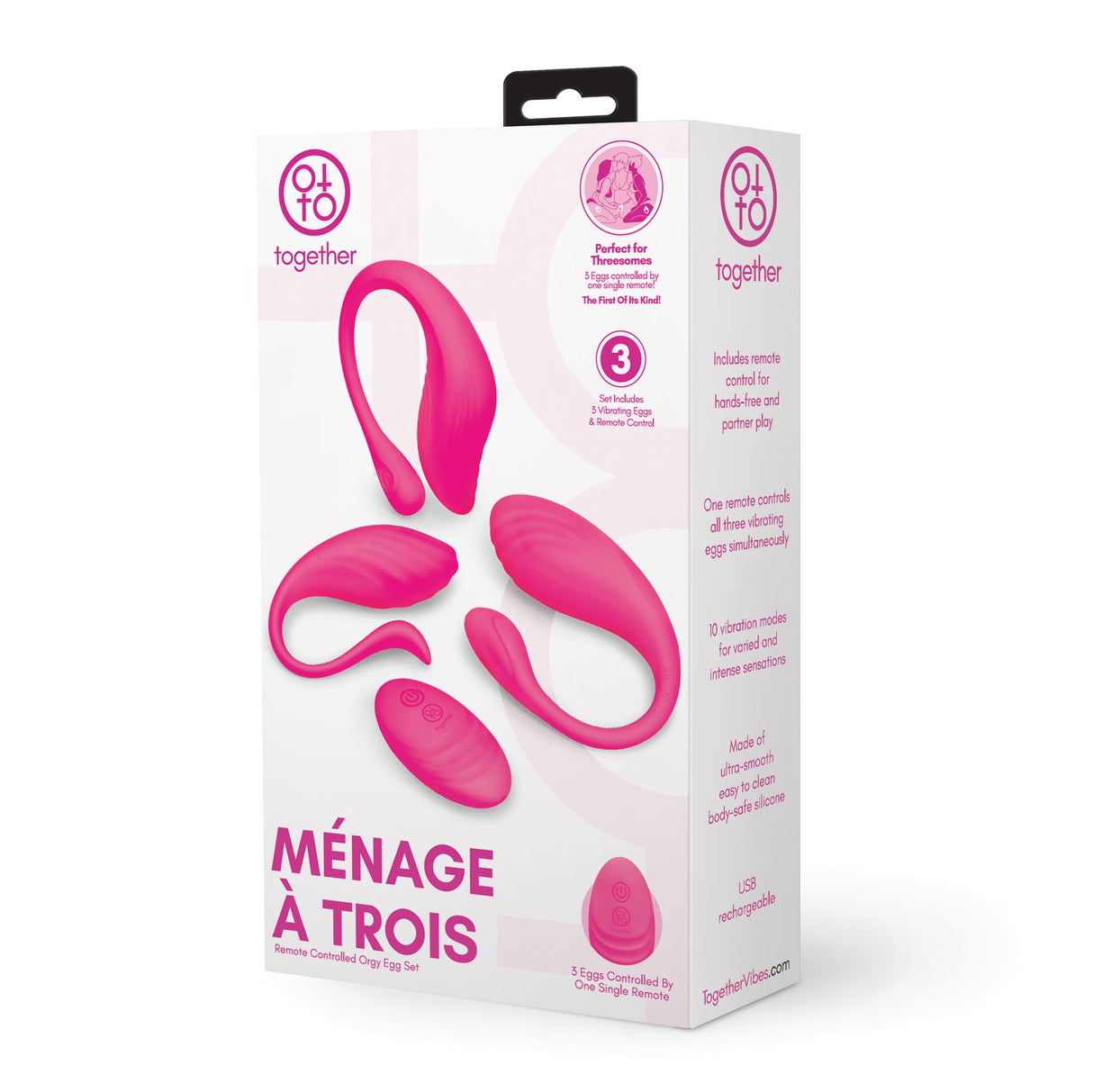 Box of 'Menage a Trois' product with pink silicone parts on a white background