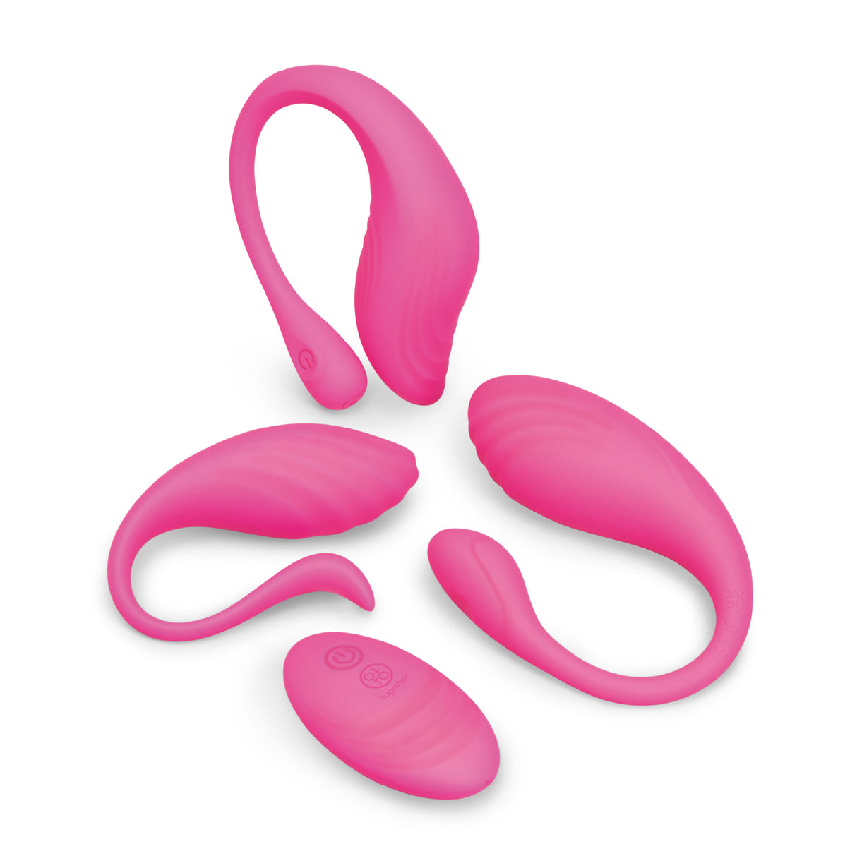 Set of pink silicone egg vibratots with different sizes on a white background