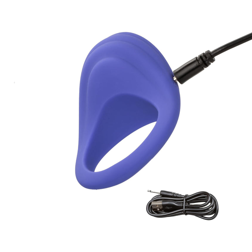 Purple CalExotics Connect couples ring shown alongside the included black USB magnetic charging cable.