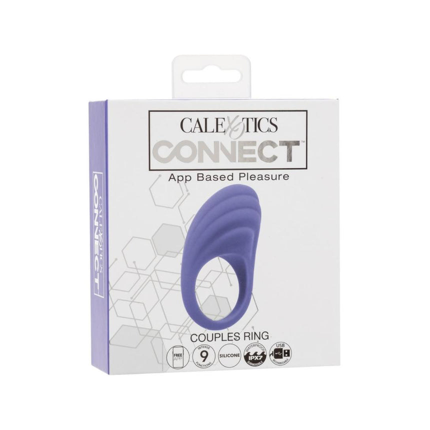 Retail window box packaging for the CalExotics Connect App Compatible Rechargeable Silicone Couples Ring.