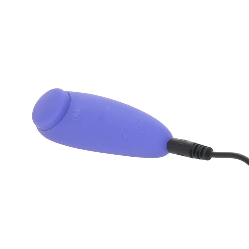 Purple CalExotics Connect panty vibrator shown connected to its black USB charging cable.