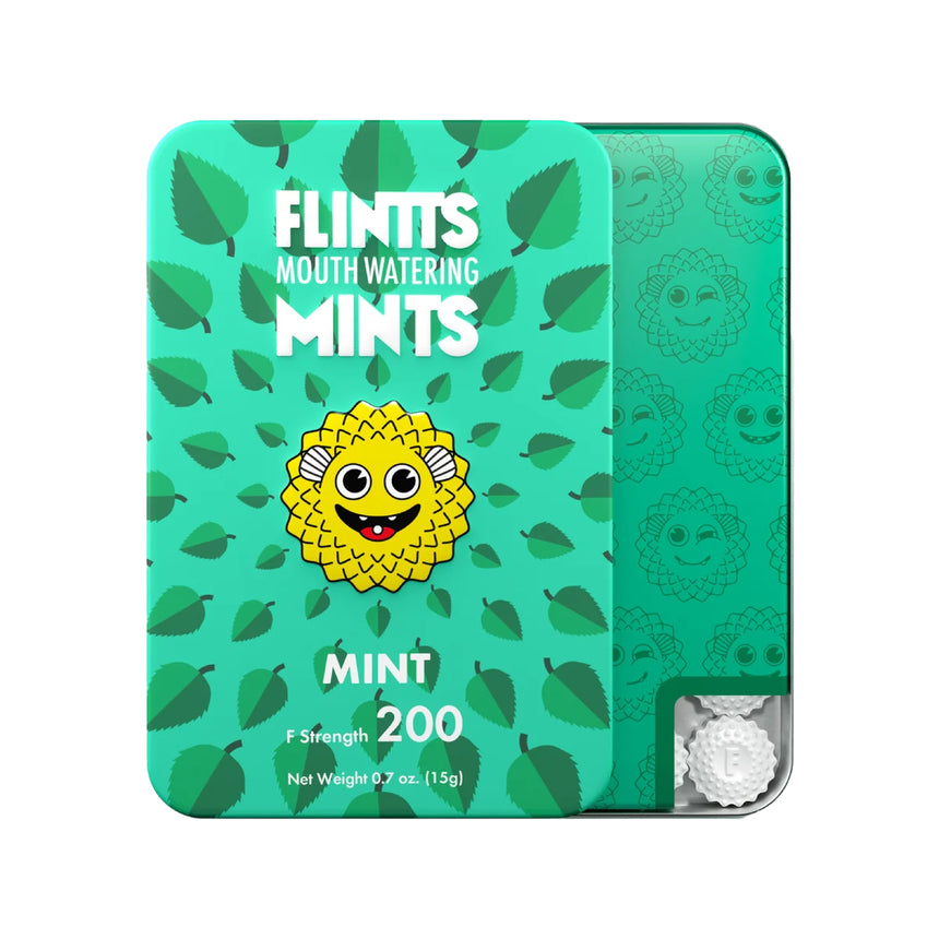Mint F-200 Flintts Mints green and teal pocket tin showing colorful graphic face logo.