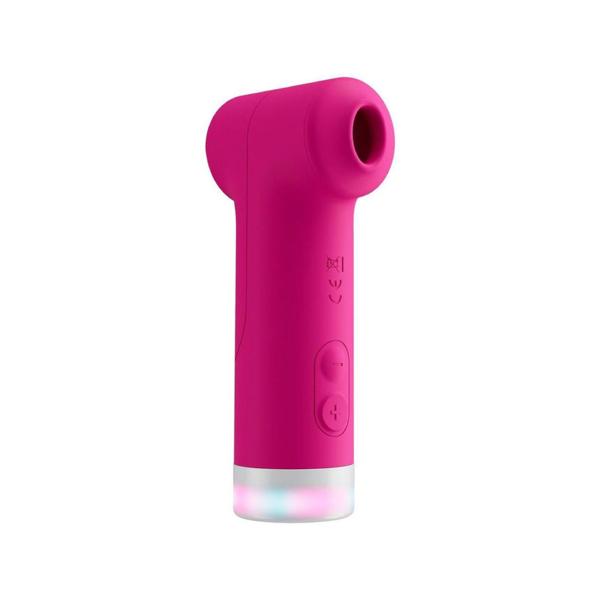 Side profile view of the pink Lovense Fizz silicone vibrator showing the suction cup head and tapping base.