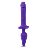 A purple, double-ended couples toy with a realistic dildo on one end and a butt plug on the other, featuring a slim tapered tip.