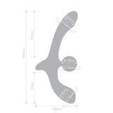 Gray measurement diagram of a Double Tap Double-Ended Vibrating Strapless Strap-On bow with dimensions labeled