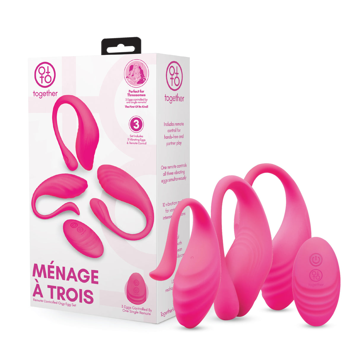 Pink sTogether Orgie Egg set with packaging labeled 'Ménâge à Trois' on a white background.