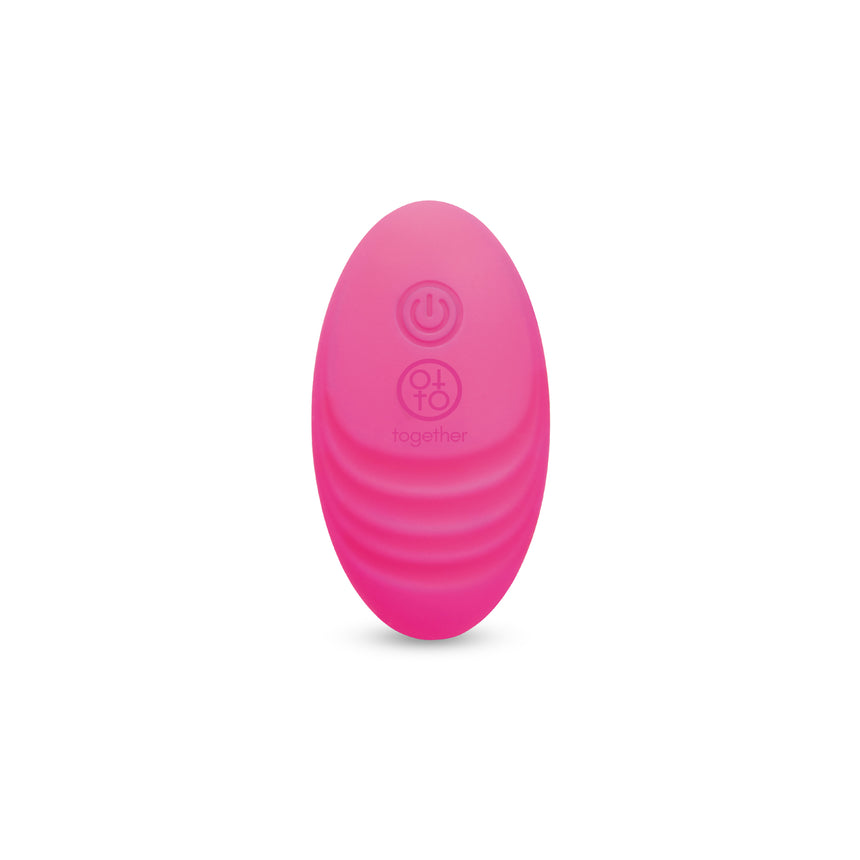 Pink remote with power and mode buttons on a white background