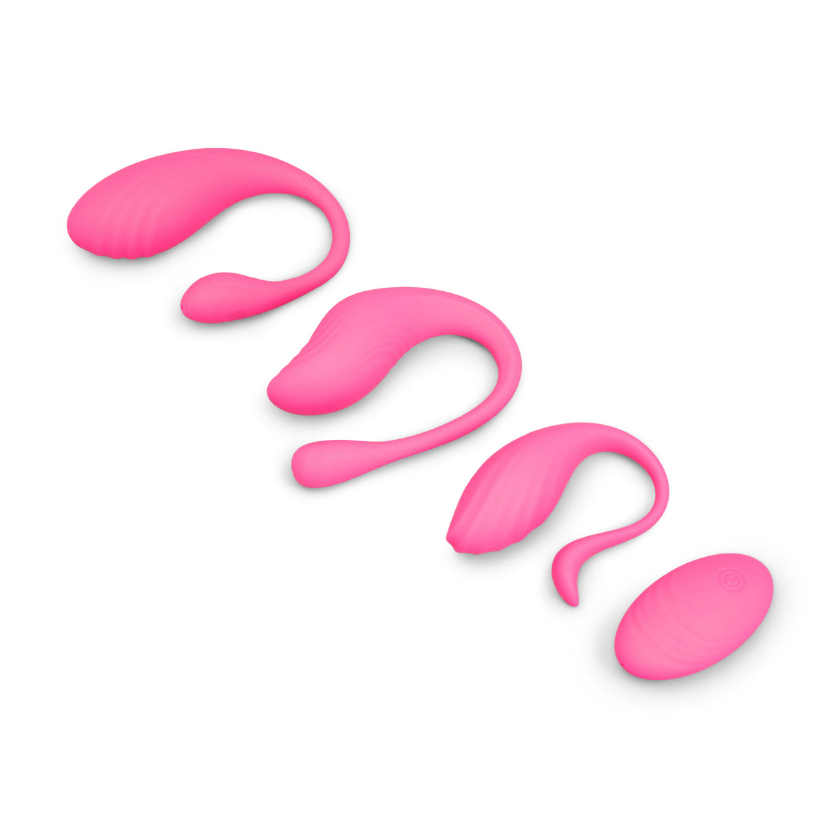 Set of pink silicone egg vibrator on a white background