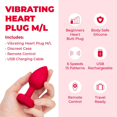 b-Vibe Vibrating Ultra Powerful Heart Shaped Remote Control Jewel Plug Scarlet Red