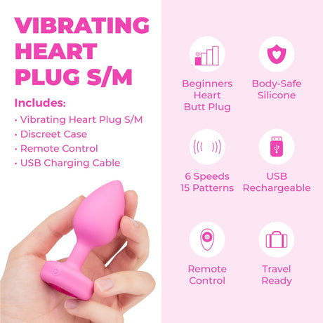 b-Vibe Vibrating Ultra Powerful Heart Shaped Remote Control Jewel Plug Pink Topaz