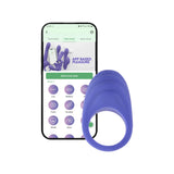 Purple CalExotics Connect couples ring displayed next to a smartphone showing the companion control app interface.