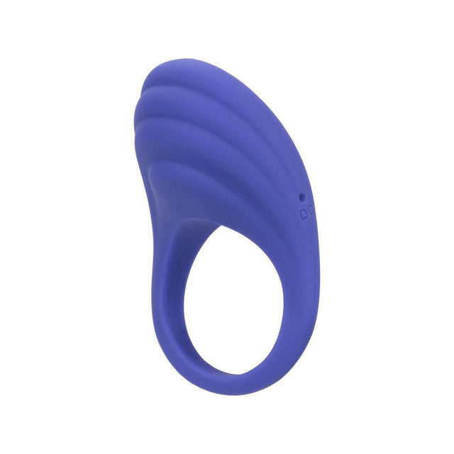 Purple CalExotics Connect rechargeable silicone couples cock ring showing the contoured textured vibrating enhancer.