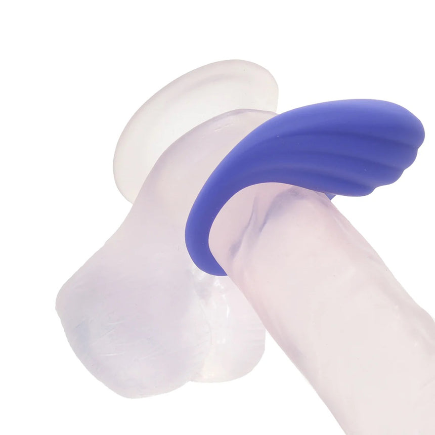 Stylized demonstration showing the purple CalExotics Connect vibrating ring worn on a neutral anatomical model.
