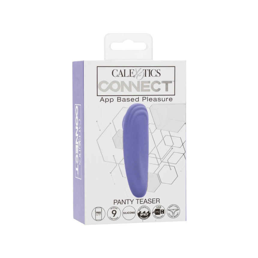 Back view of the CalExotics Connect Panty Teaser packaging box displaying app features and technical specifications.