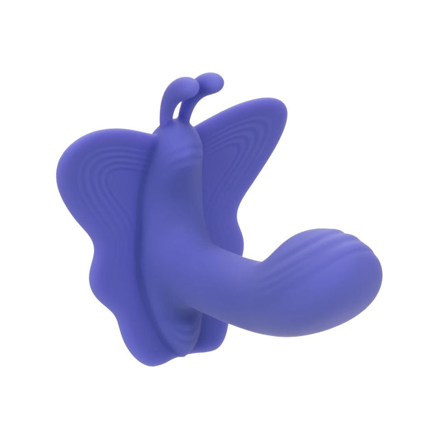 Purple CalExotics Connect Venus Butterfly rechargeable silicone stimulator showing curved shaft and contoured wings.