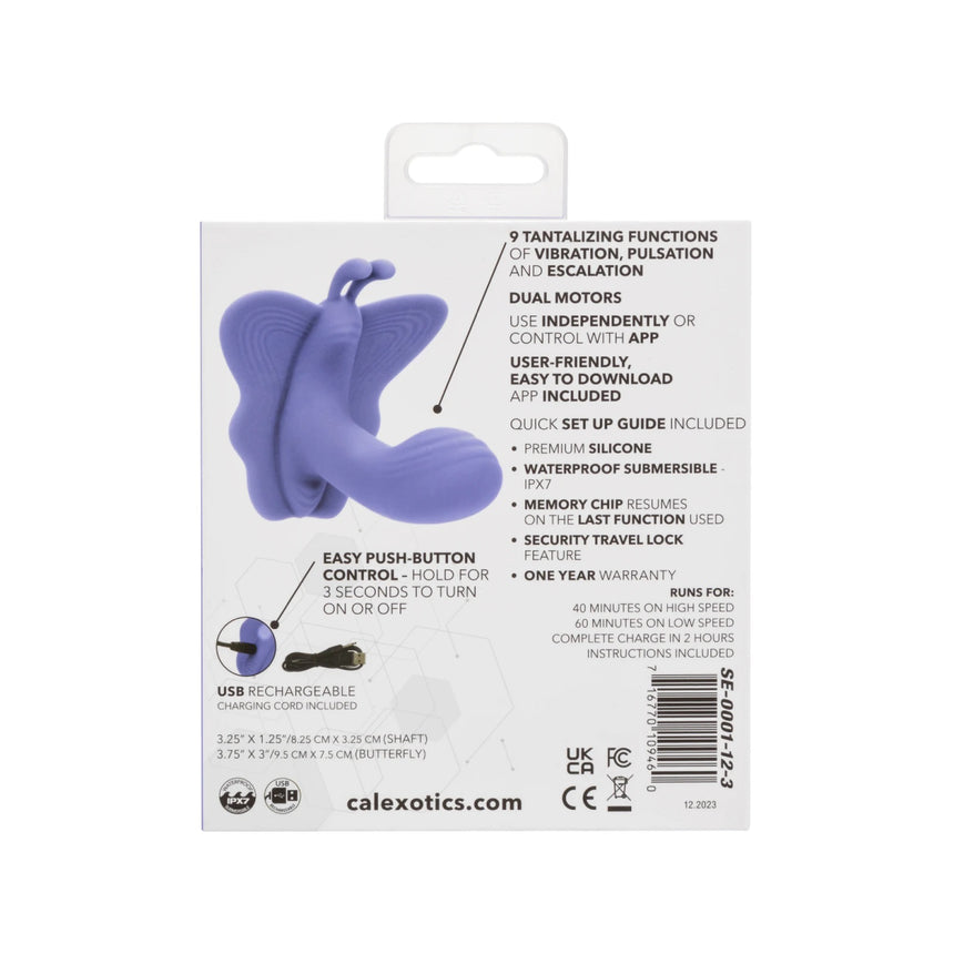 : Back view of the CalExotics Connect Venus Butterfly packaging box showing app features and product specifications.
