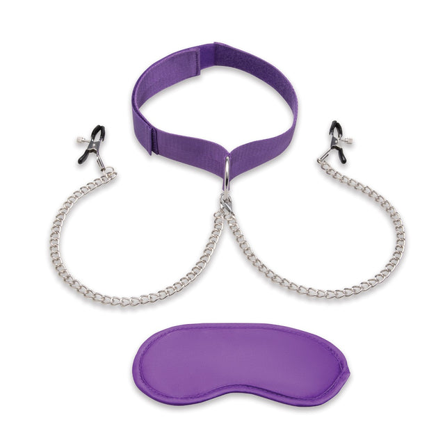 Lux Fetish Purple Collar & Nipple Clamps with Satin Blindfold