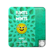 Mint F-200 Flintts Mints green and teal pocket tin showing colorful graphic face logo.