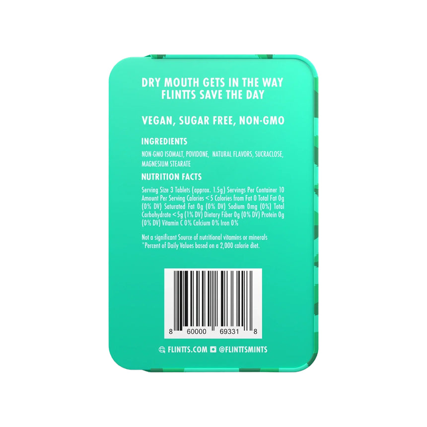 Back of Flintts Mints Mint F Strength 200 tin displaying ingredients list and usage directions.