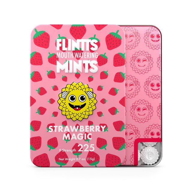 Strawberry Magic F-225 Flintts Mints metal pocket tin showing colorful graphic logo on white background.