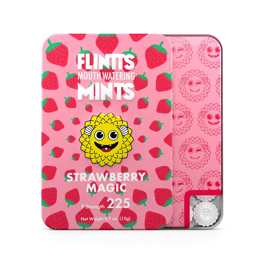 Strawberry Magic F-225 Flintts Mints metal pocket tin showing colorful graphic logo on white background.