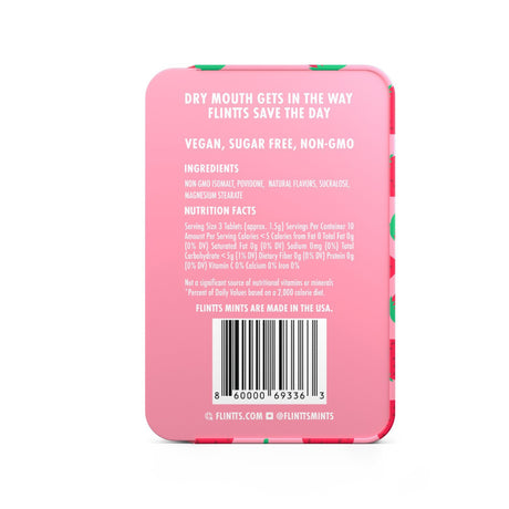Back of Flintts Mints Strawberry Magic F Strength 225 tin displaying ingredients list and usage directions.