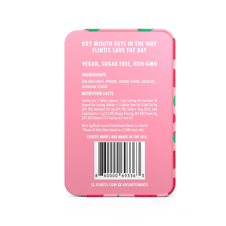 Back of Flintts Mints Strawberry Magic F Strength 225 tin displaying ingredients list and usage directions.