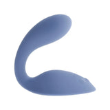 Blue Gender X Shifting Gears rechargeable silicone grind pad vibrator showing the curved heated shaft and wide base.