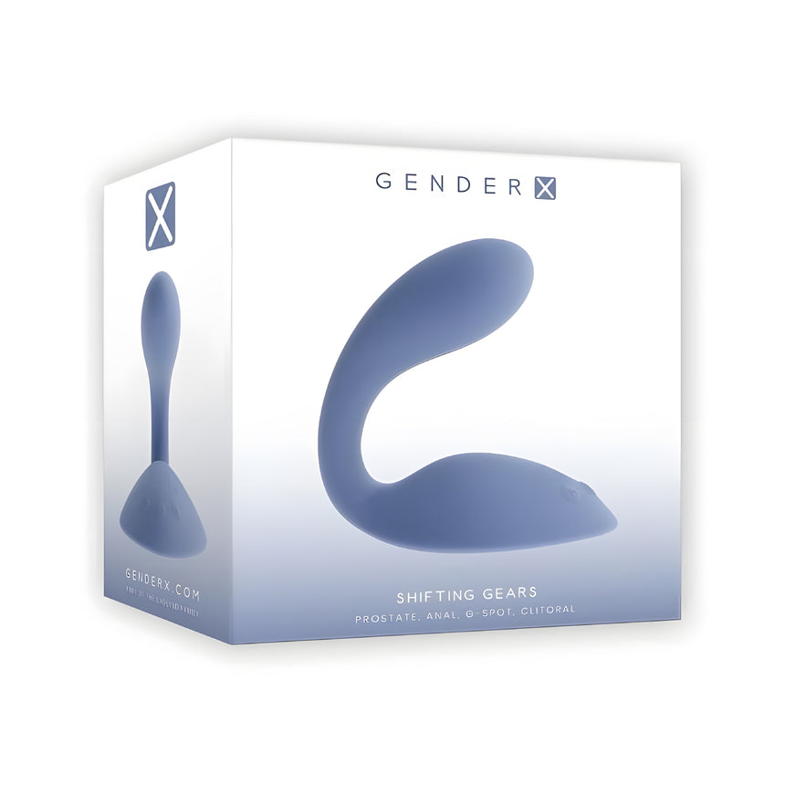 Retail packaging box for the Evolved Gender X Shifting Gears Rechargeable Silicone Grind Pad Vibrator.