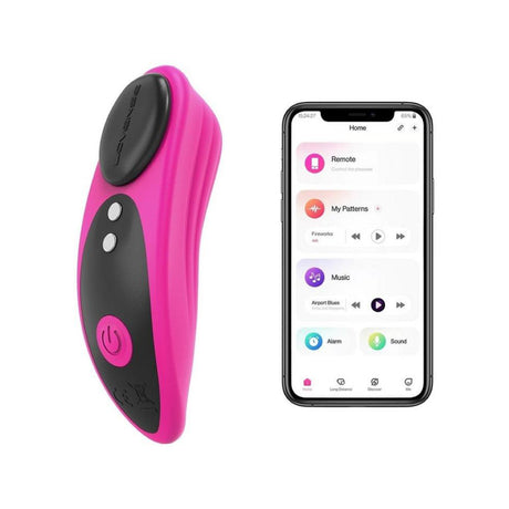 Pink Lovense Ferri vibrating panty toy displayed beside a smartphone showing the Lovense Remote control app interface.
