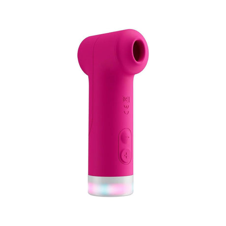 Side profile view of the pink Lovense Fizz silicone vibrator showing the suction cup head and tapping base.