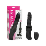 CalExotics Overdrive sex machine thruster and remote displayed beside the pink retail packaging box.