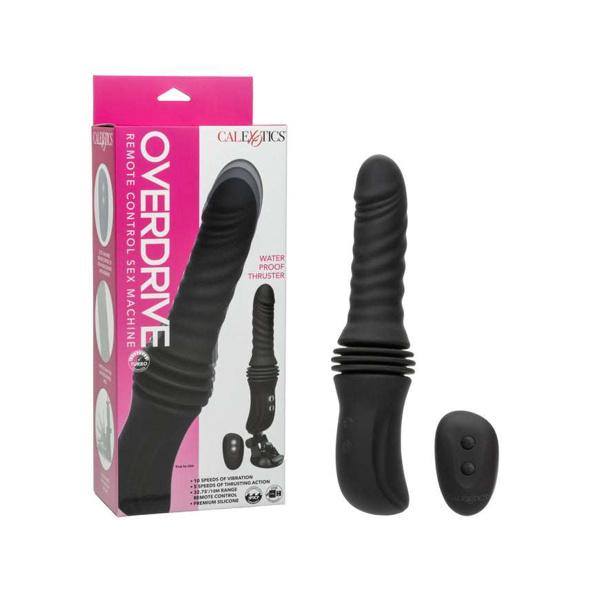 CalExotics Overdrive sex machine thruster and remote displayed beside the pink retail packaging box.