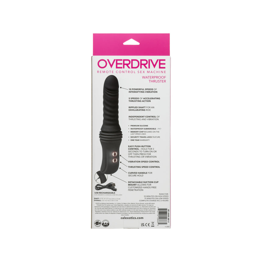 Back view of the CalExotics Overdrive packaging box showing product features and technical specifications.