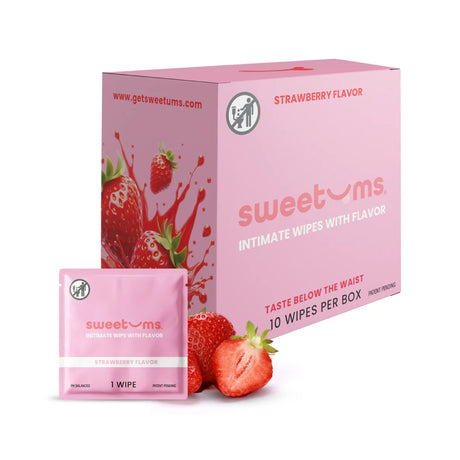 Pink retail box and individually wrapped sachet of Sweetums Strawberry Flavored pH-Balanced Intimate Wipes for Her beside fresh strawberries.