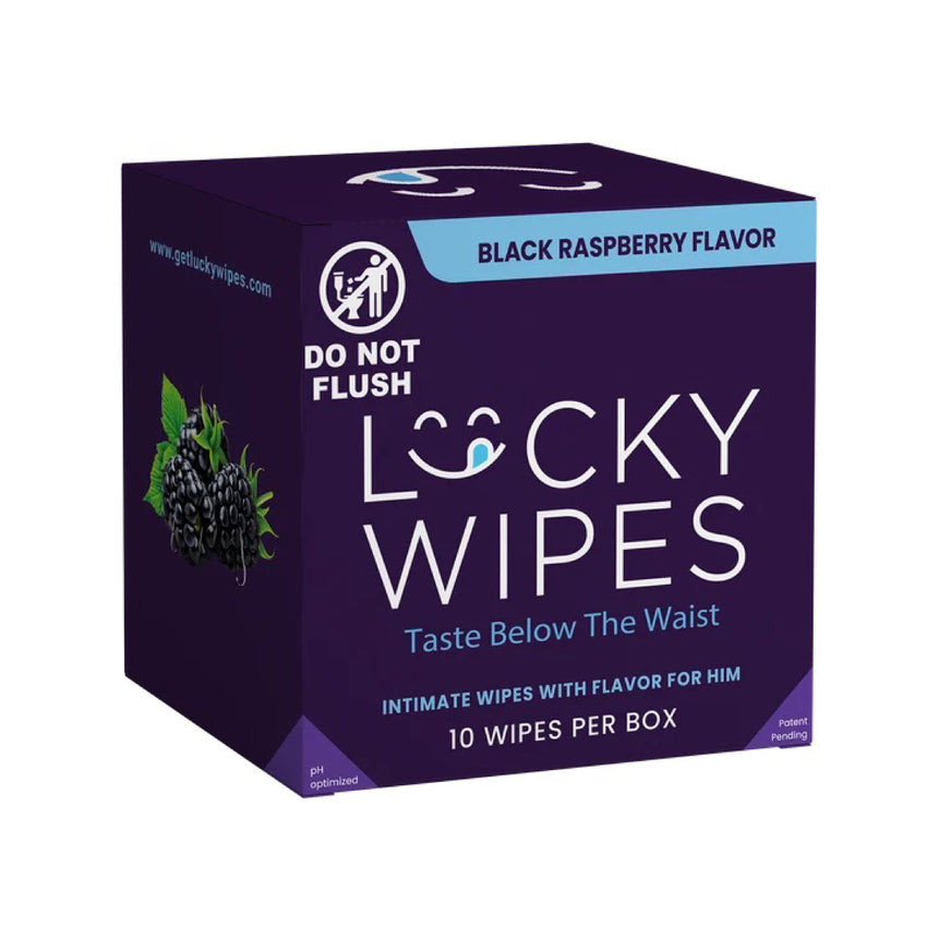 A purple box of Lucky Wipes intimate wipes with black raspberry flavor, featuring white and light blue text and a berry illustration on a white background.