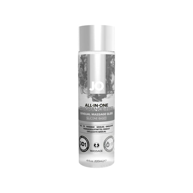 Silver and white 4 oz pump bottle of System JO All-In-One Fragrance-Free Silicone-Based Sensual Massage Glide.